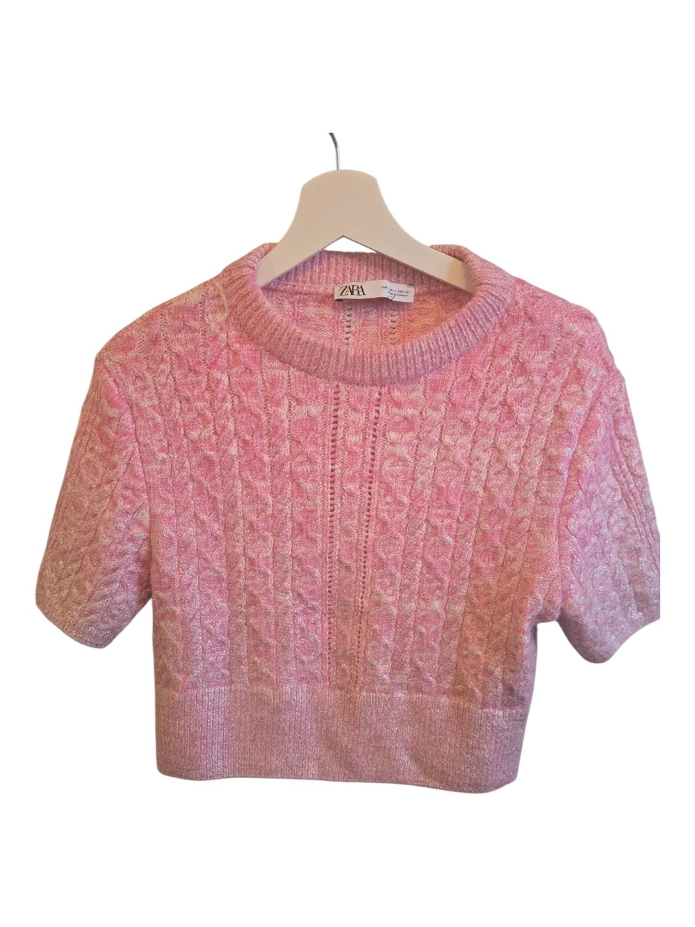 Zara Metalic Pink Cable-Knit Short Sleeve Crop Sweater - Picture 2 of 5